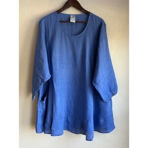 La Fixun 100% Linen A Line Tunic Dress Top L Blue Lagenlook Oversized Pockets